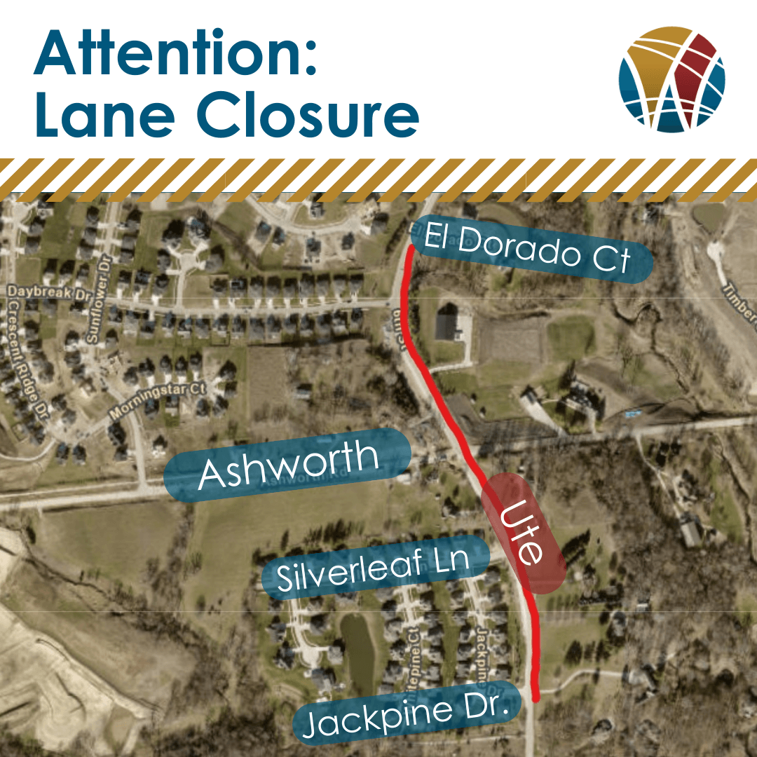 Map showing Ute Avenue where the lanes will be closed and words that says Attention Lane Closure