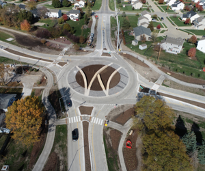 Aerial view of the roundabout in shape of Waukee city logo on Warrior Lane