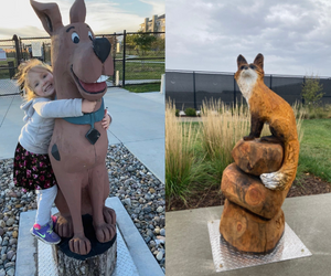 Left image is little girl hugging a Scooby Doo sculpture; right is a wooden fox sculpture
