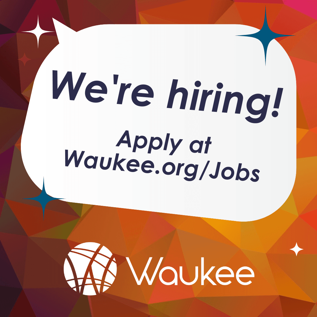 Muliticolor background with talk bubble saying We're Hiring!