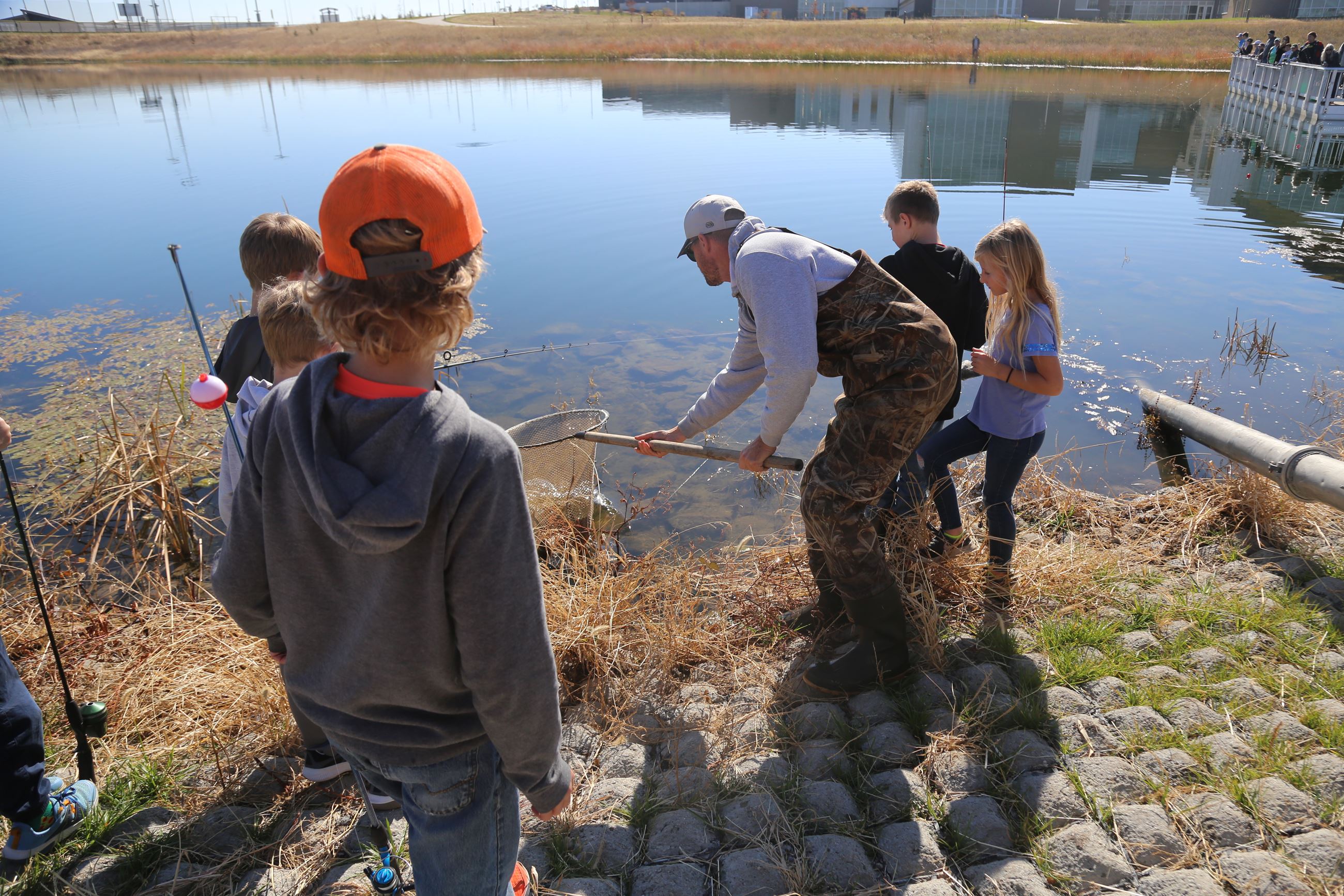Kids gathered around a man with a net as he places trout into the pond