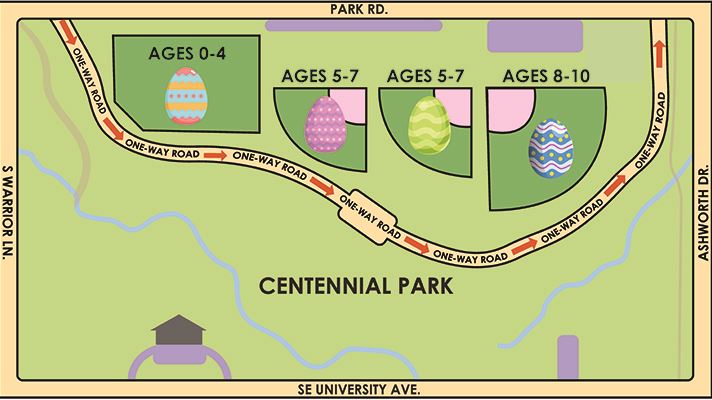 Graphic drawing of centennial park with 4 zones marked with an easter egg and age group assigned 