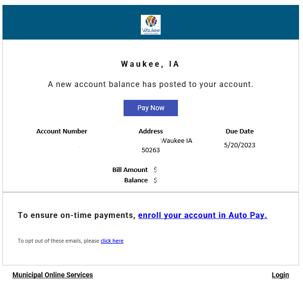 Screenshot of an email notifying utility bill customers that their bill is updated