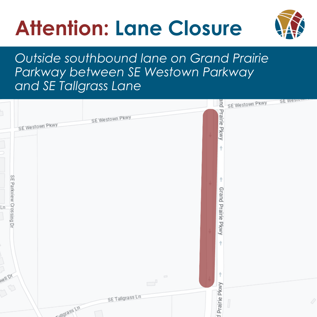 Map of Grand Prairie Parkway from Westown Parkway to Tallgrass Lane with southbound lane marked red
