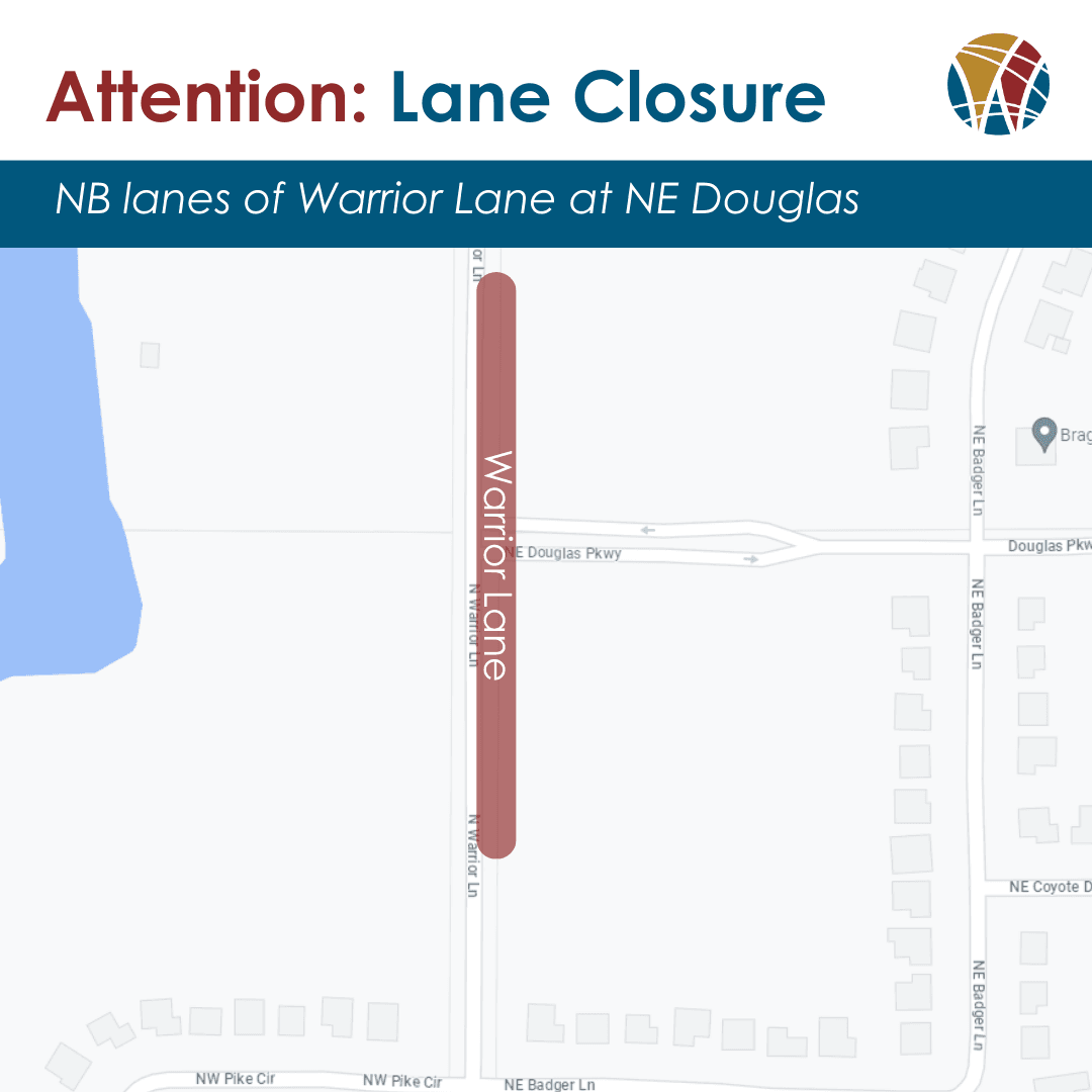 map of Warrior Lane near Douglas Parkway with red box over area where northbound lanes will close