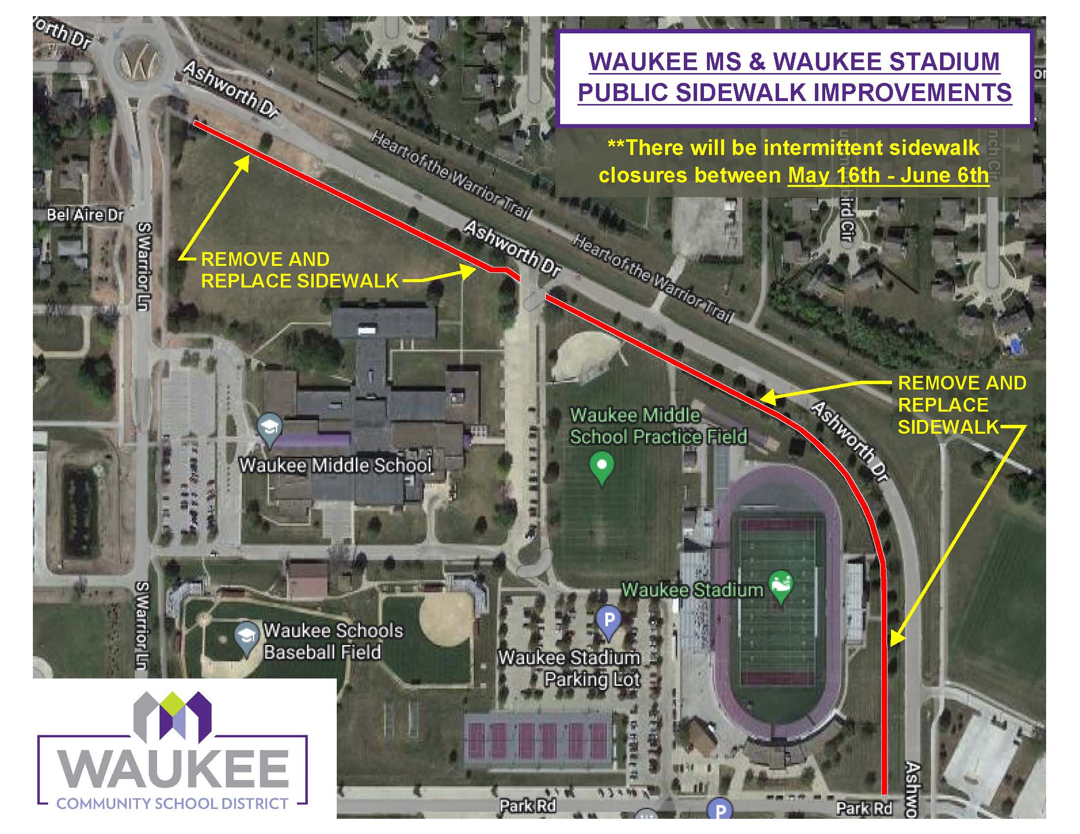 map of Ashworth Dr near Waukee Middle School and Waukee Stadium with Waukee School District Logo