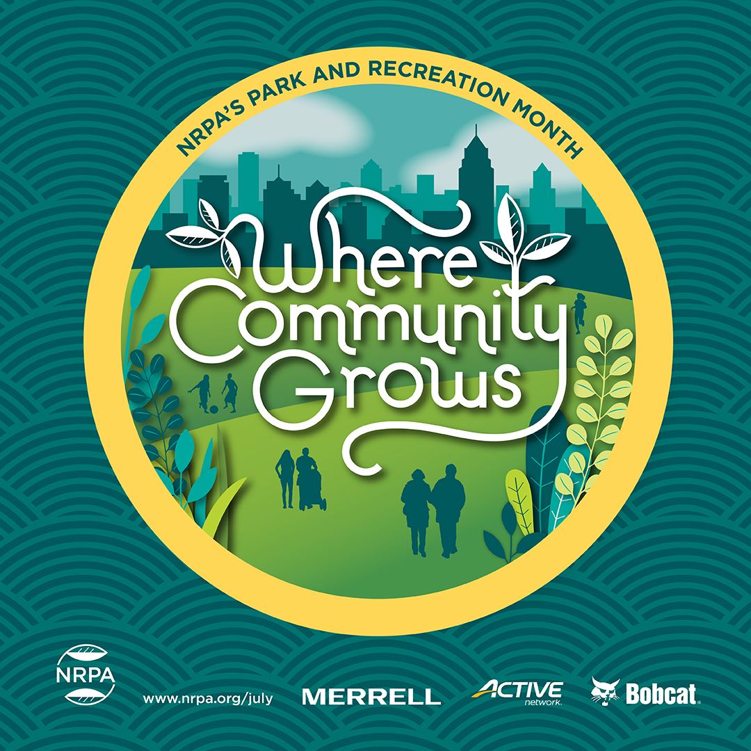 Teal green background with yellow circle showing people in park and words: where community grows