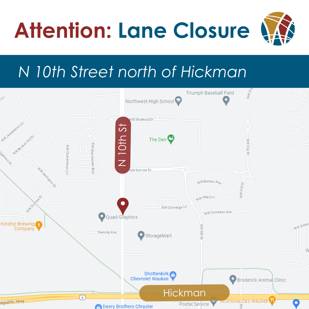 map of N 10th street with words Lane Closures