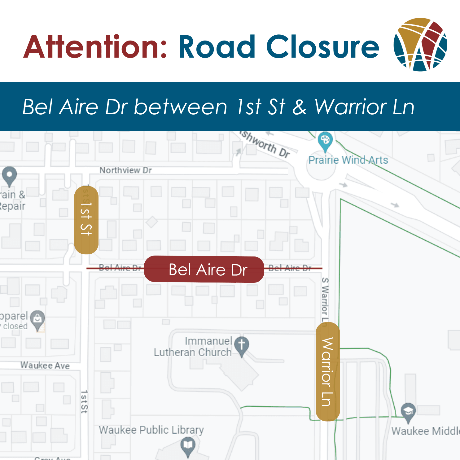 Map of Bel Aire Dr area with portion between 1st St and Warrior Ln highlighted red