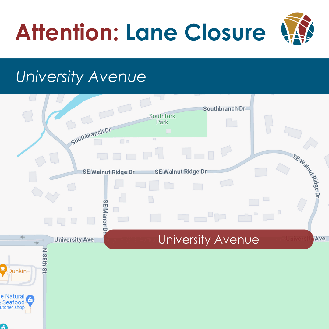 map of university avenue from SE Manor Dr to SE Walnut Ridge Drive showing lane closure