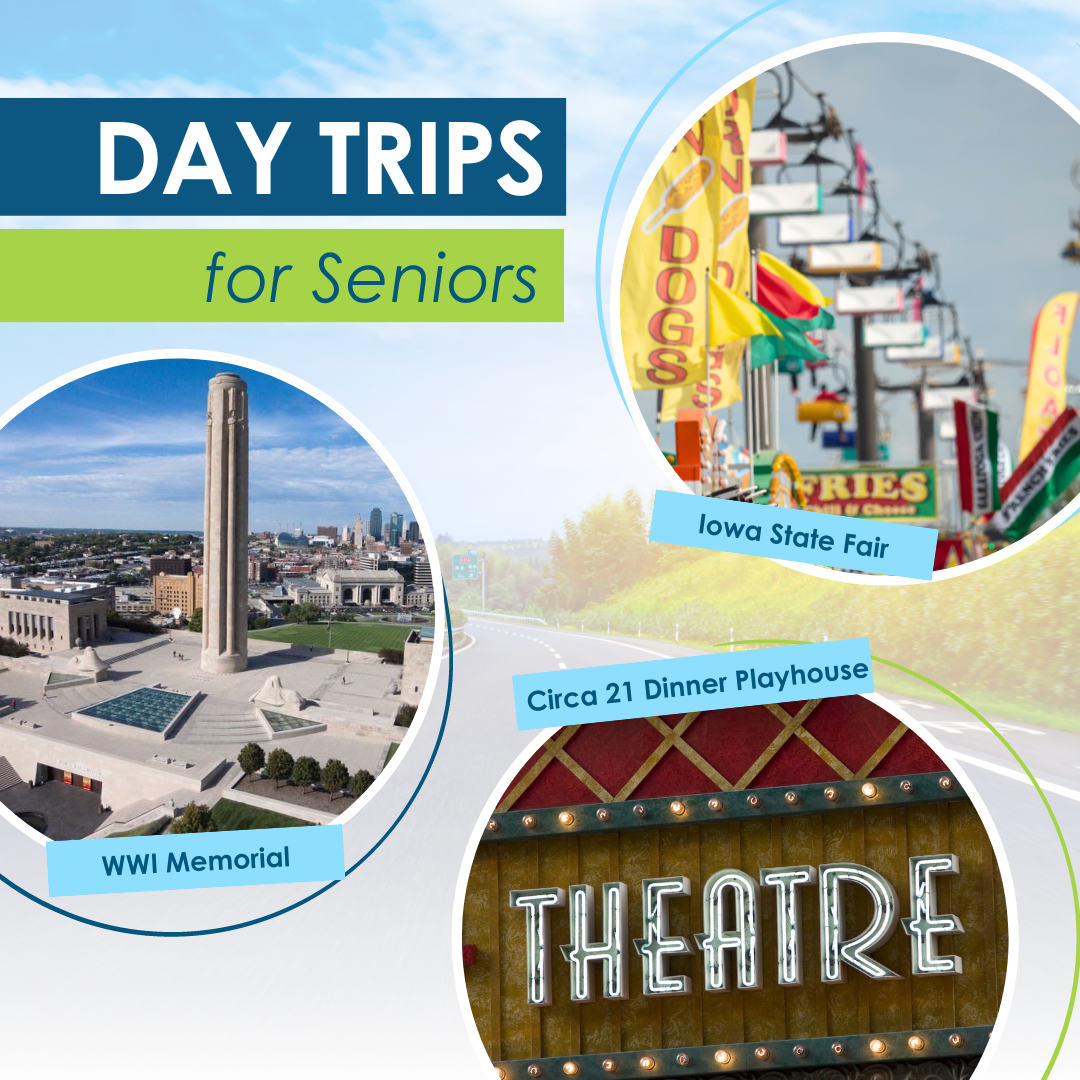 Circle images of the Iowa State Fair, WWI Memorial, and theatre marquee to represent the 3 trips