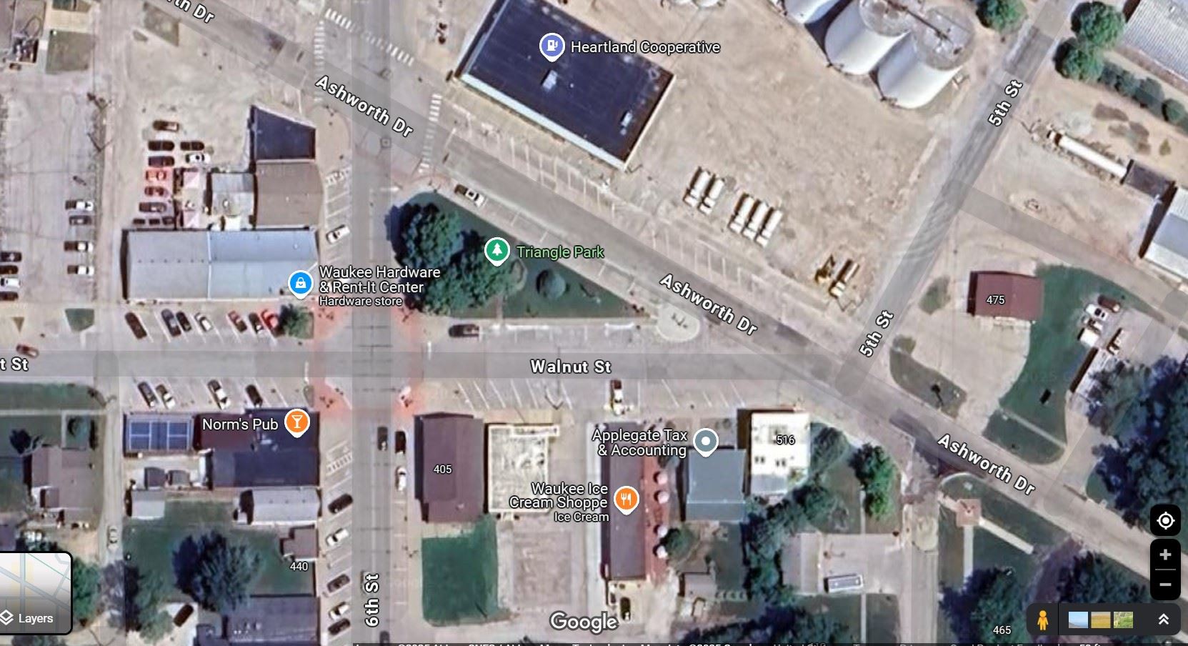 map showing closed section of Walnut Street in downtown Waukee