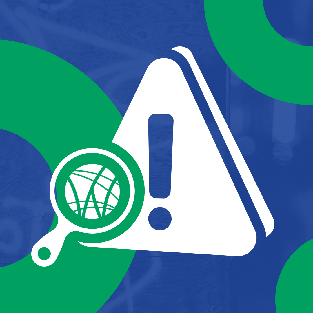 Triangle with exclamation point inside and magnifying glass to represent reporting a problem