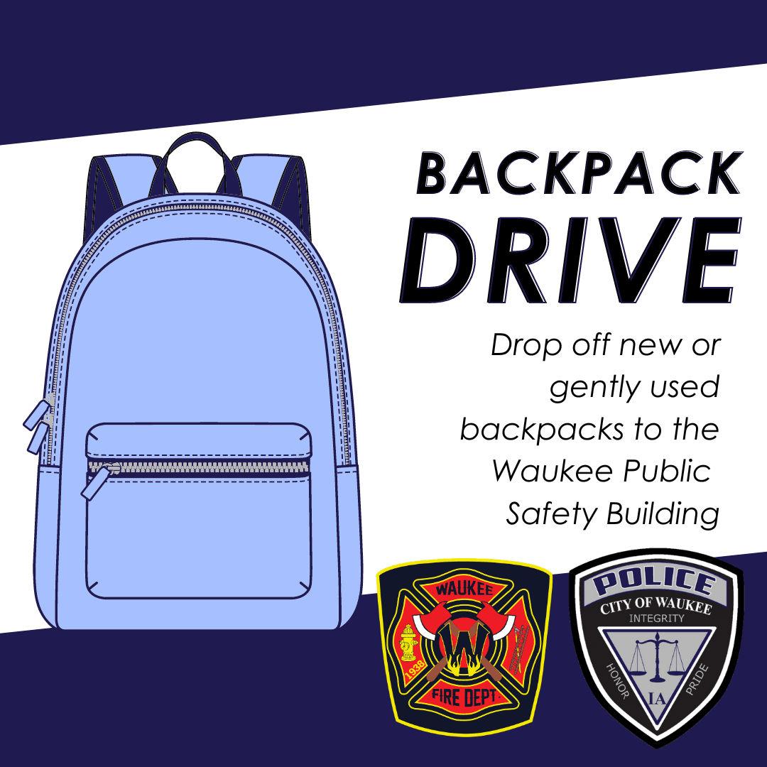 drawing of a backpack and patches for Waukee police and fire