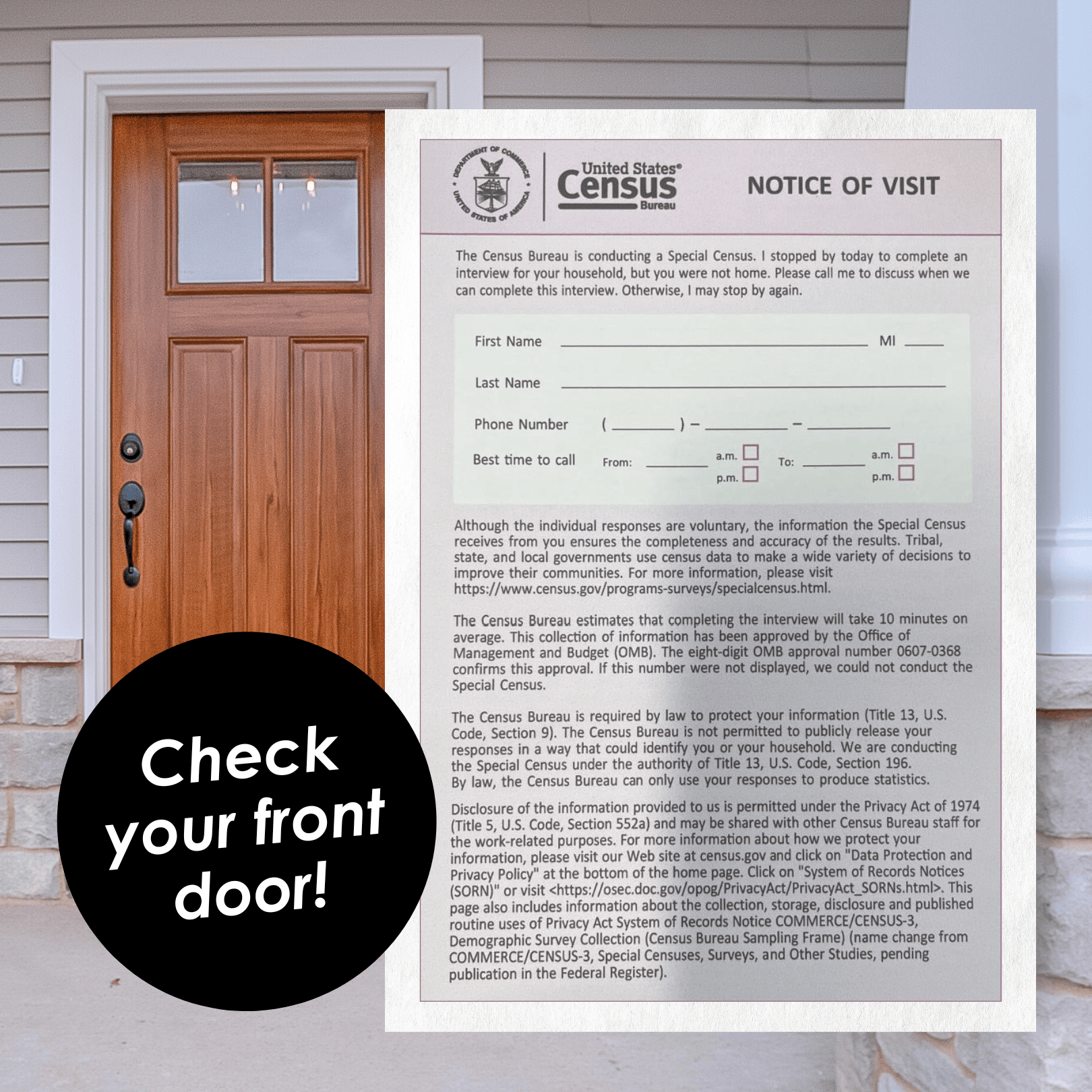wood front door and porch with census notice of visit laid on top