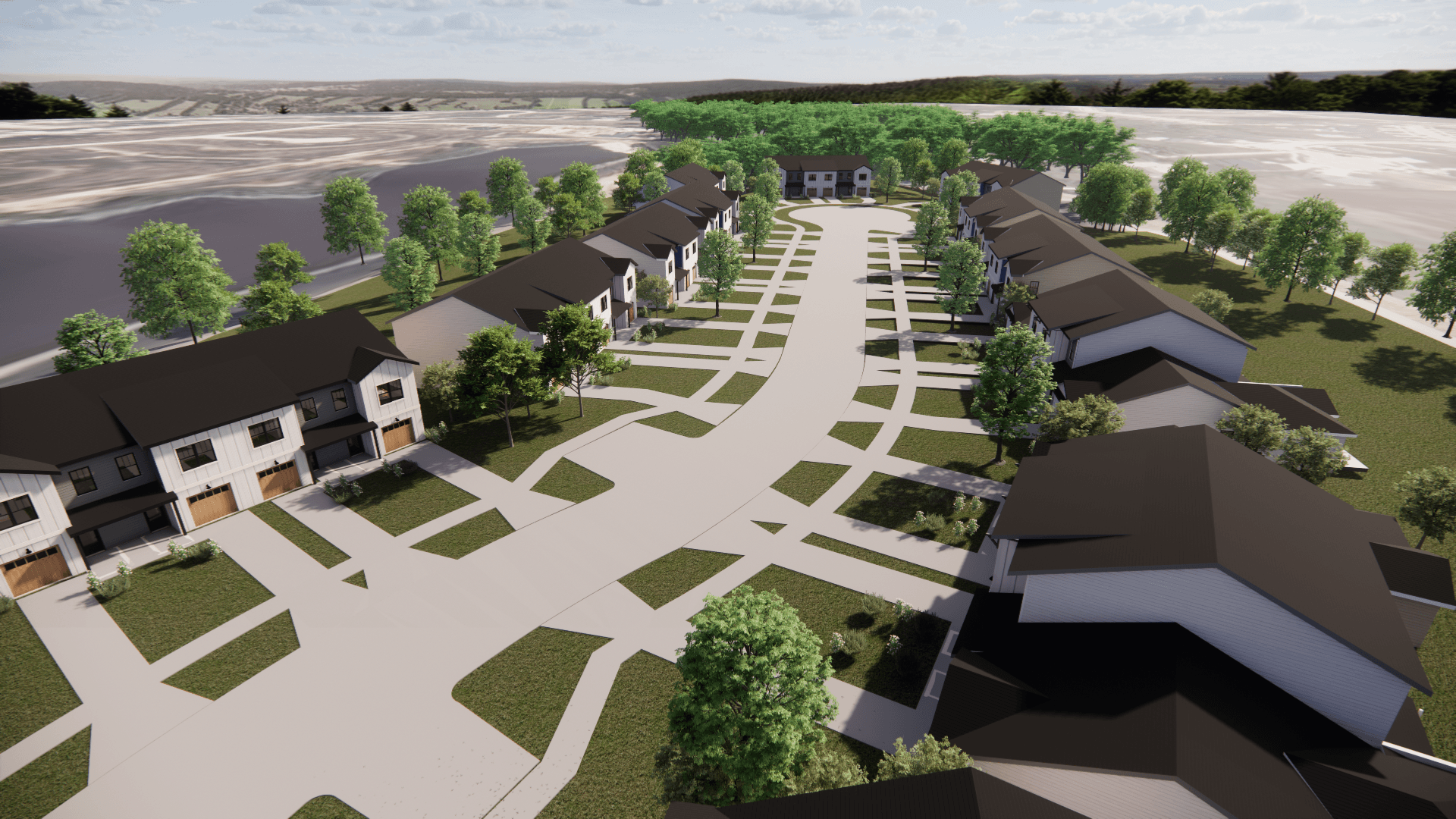 Rendering of an aerial view of street with townhomes lining it