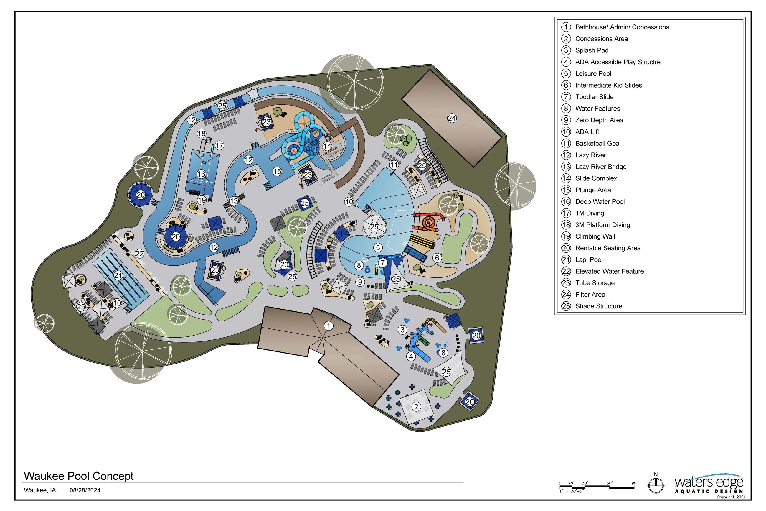 drawing of layout for an aquatic center showing lazy river, lap pool, kid pool, grass, seating, etc.