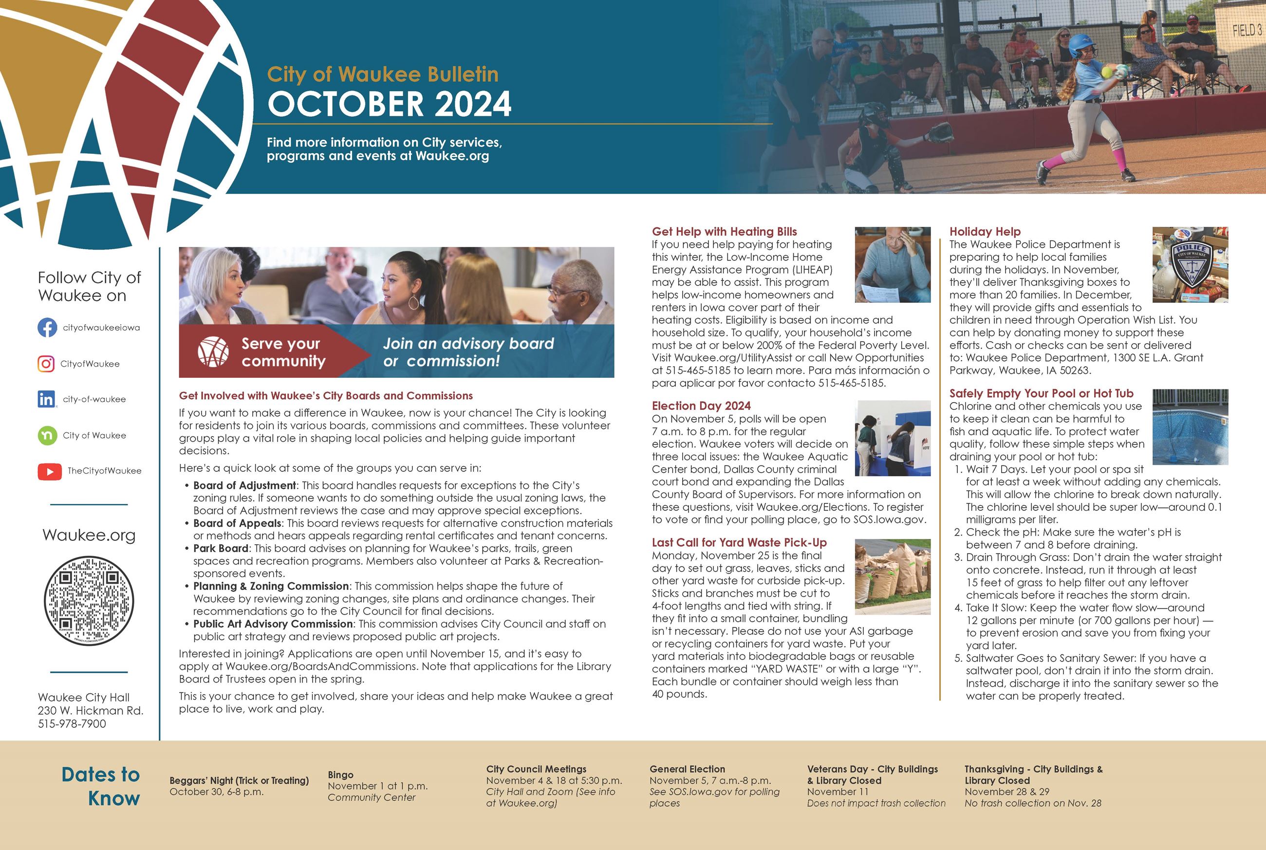 Example of newsletter spread from local magazine with dates to know, a feature story & social handle