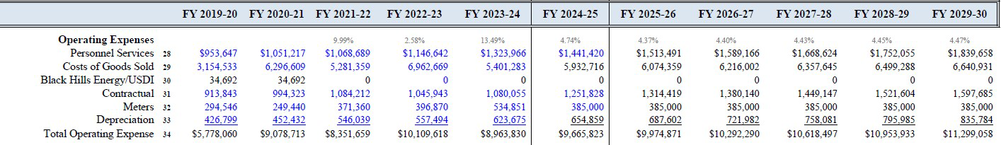 spreadsheet showing operating expenses for the last 5 years and projected expenses for next 5 years