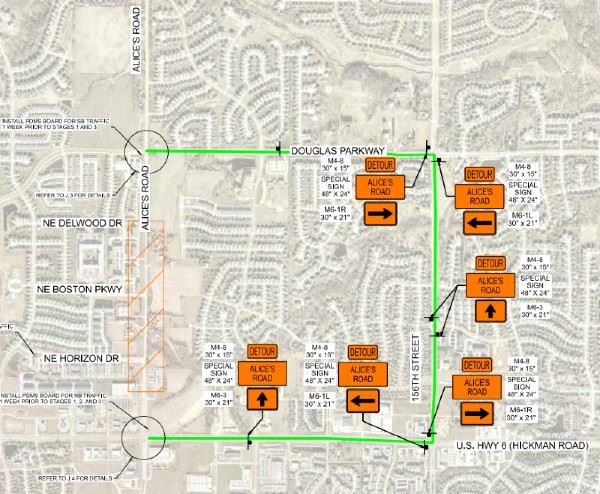 map showing detour route for closures on Alice's Road in Waukee and Clive
