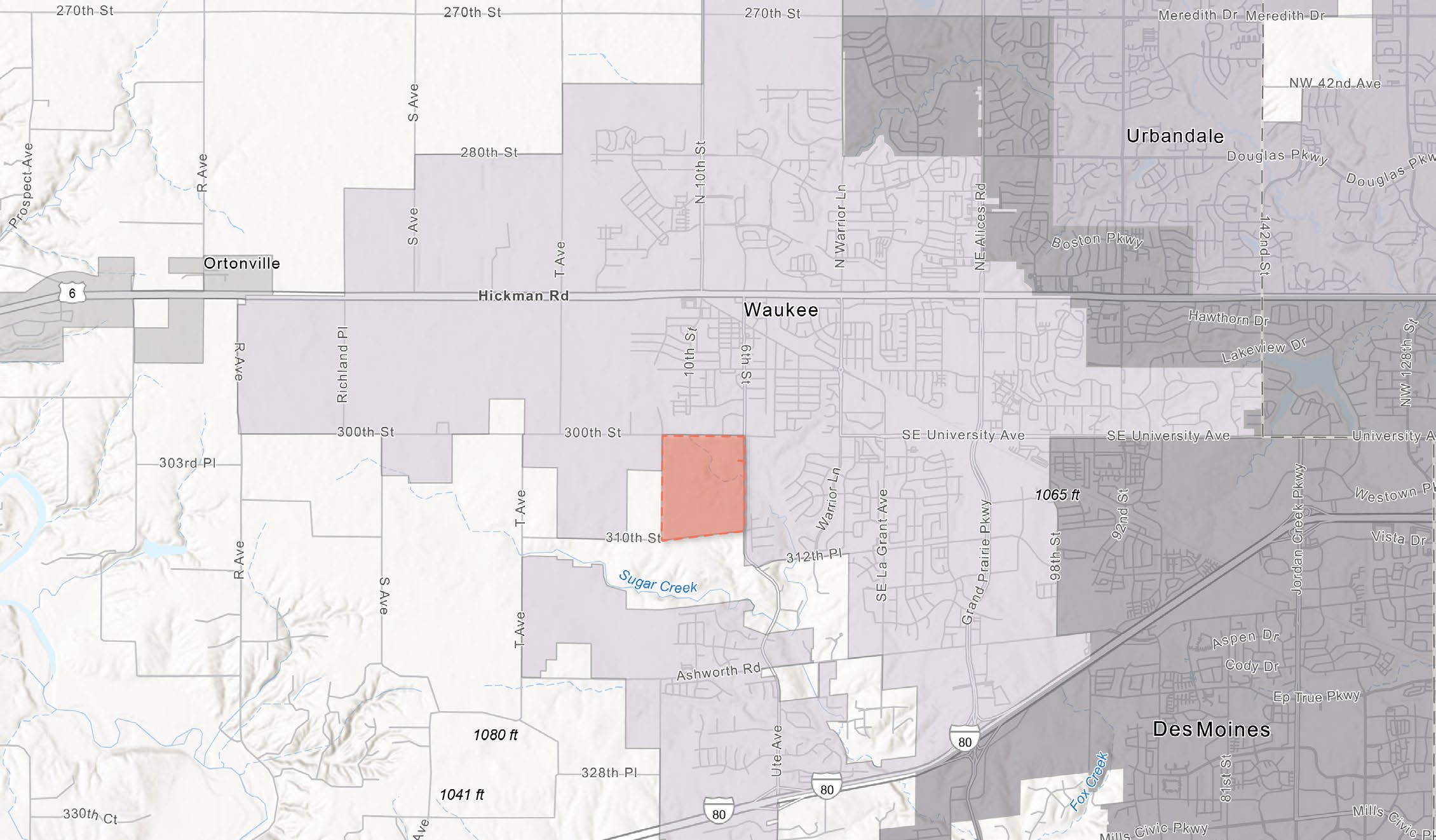map showing location of civic campus in the future city limits of Waukee