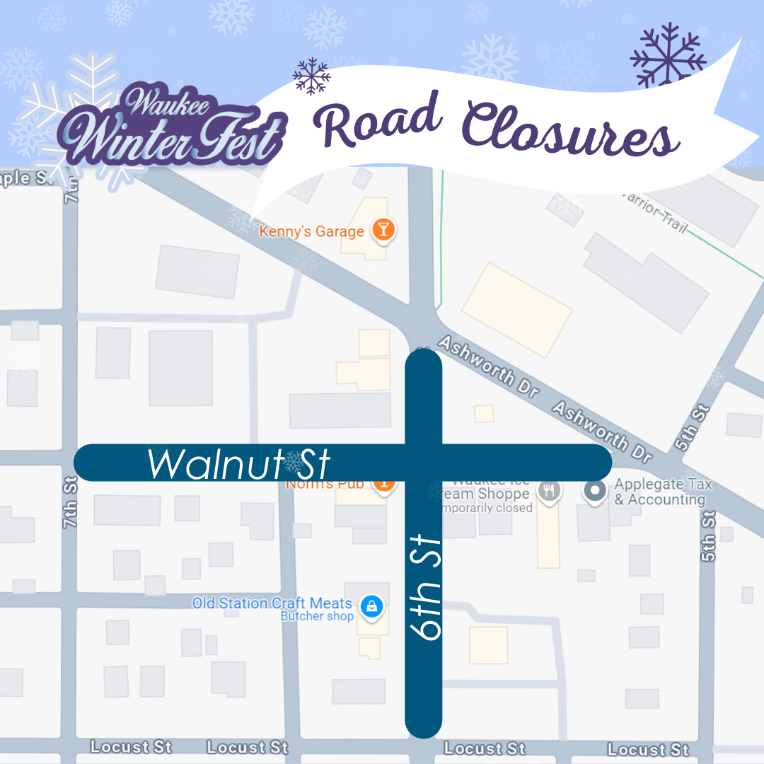 map showing closures on Walnut Street and 6th Street for WinterFest on December 5, 2025