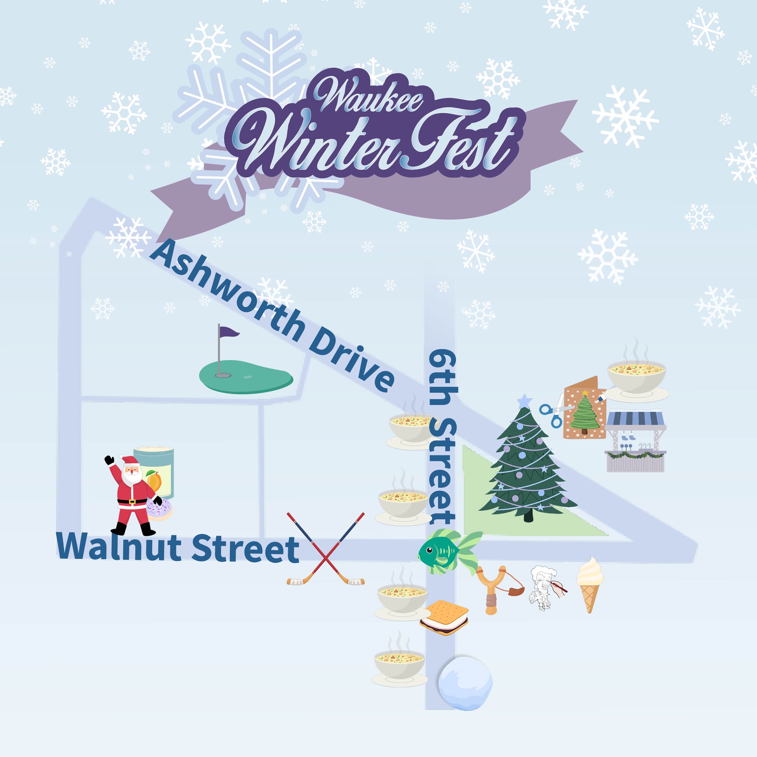 illustrated map showing icons for locations of free soup, smore making, snowball drop, tree lighting