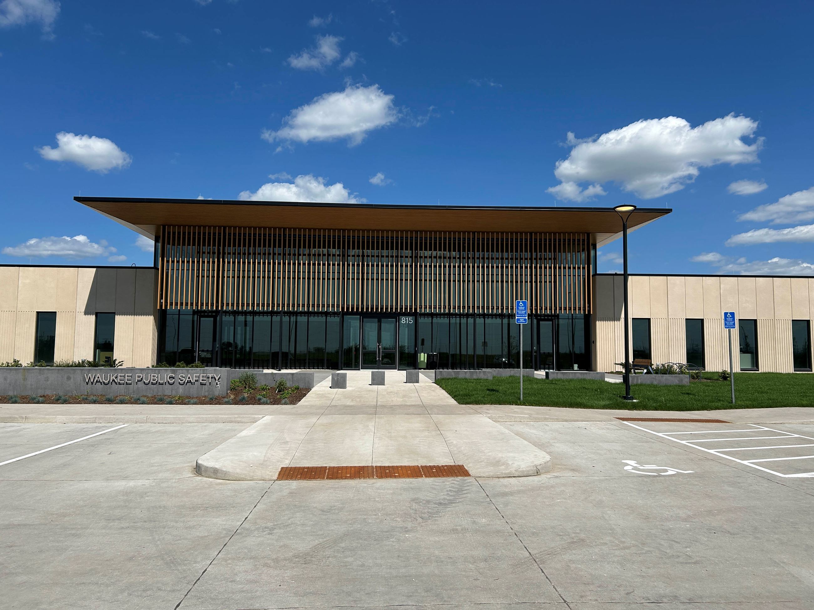 Parking lot in front of the main entrance to the Waukee Public Safety building