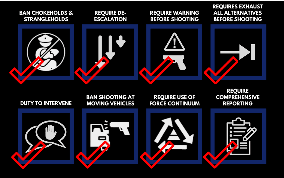 Ban chokeholds & strangleholds Require de-escalation, warning before shooting, exhaust alternatives