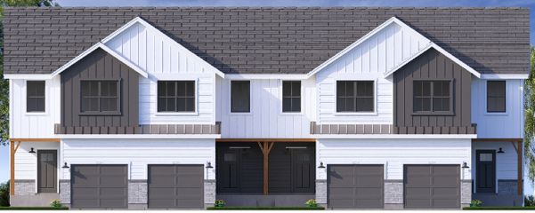 drawing of a row of 2-story townhomes from the front door view
