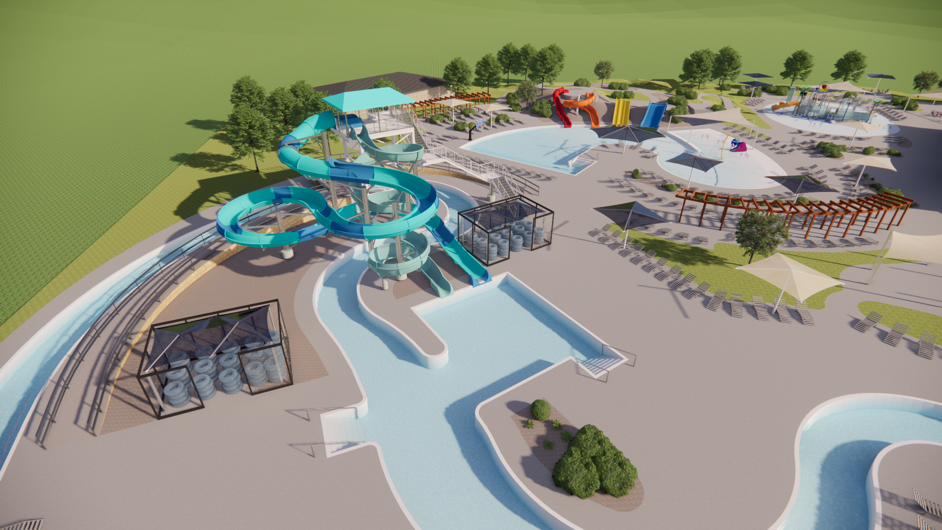 Rendering of aerial view showing curvy water slide into pool next to lazy river